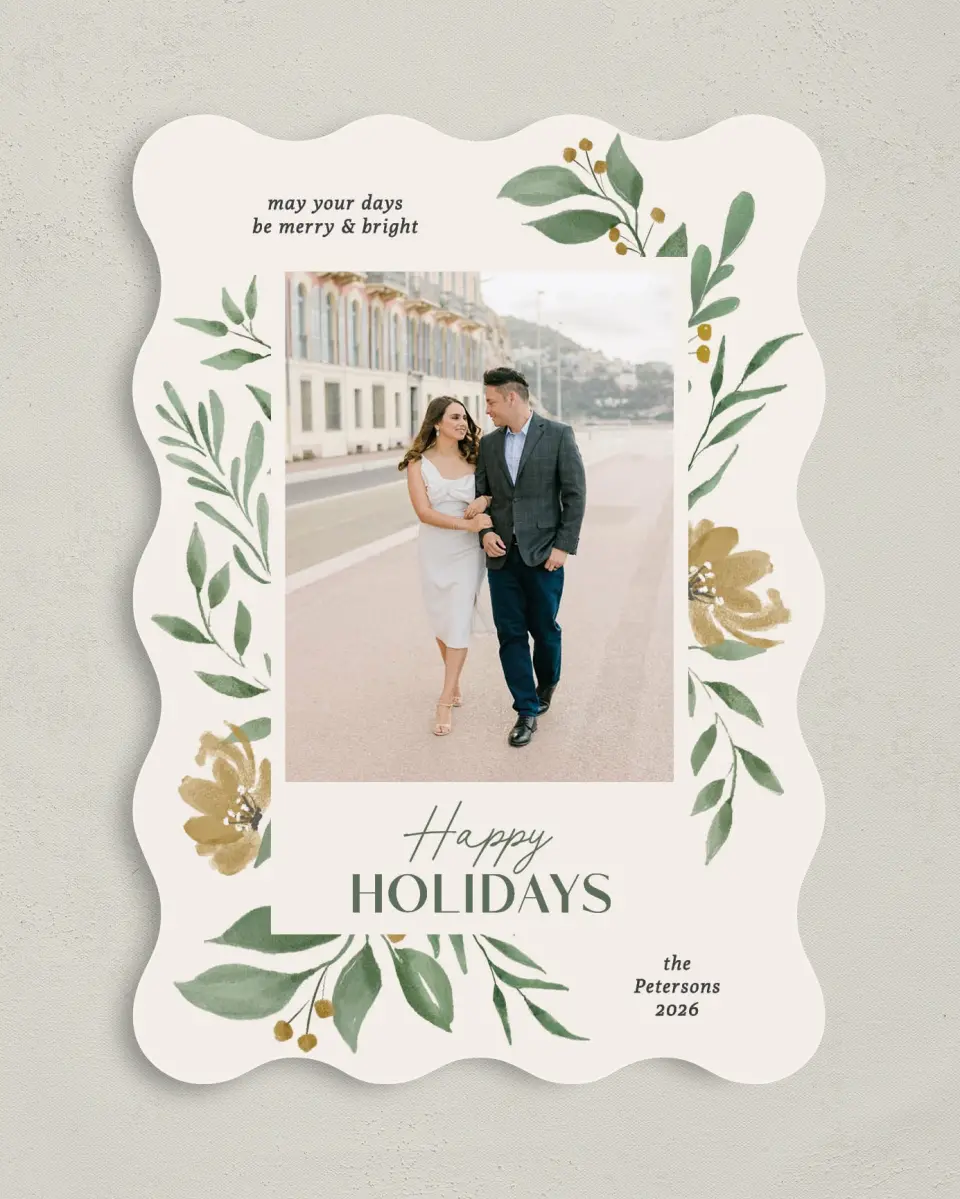 This is a 5" x 7" Christmas Card called Merry Botanicals printed in full color with Gold foil on Premium Smooth paper
