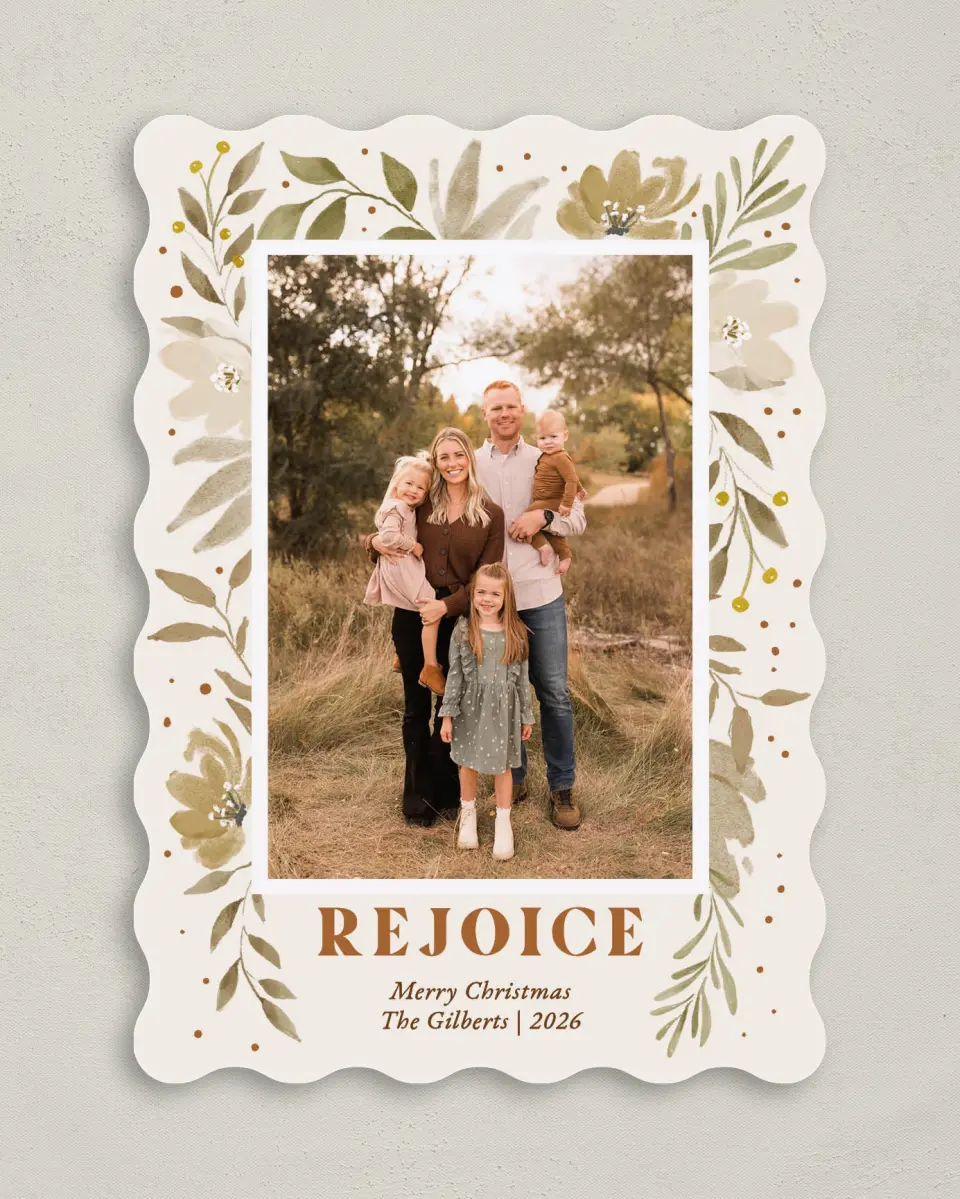 This is a 5" x 7" Christmas Card called Bouquets of Rejoicing printed in full color with Gold foil on Premium Smooth paper