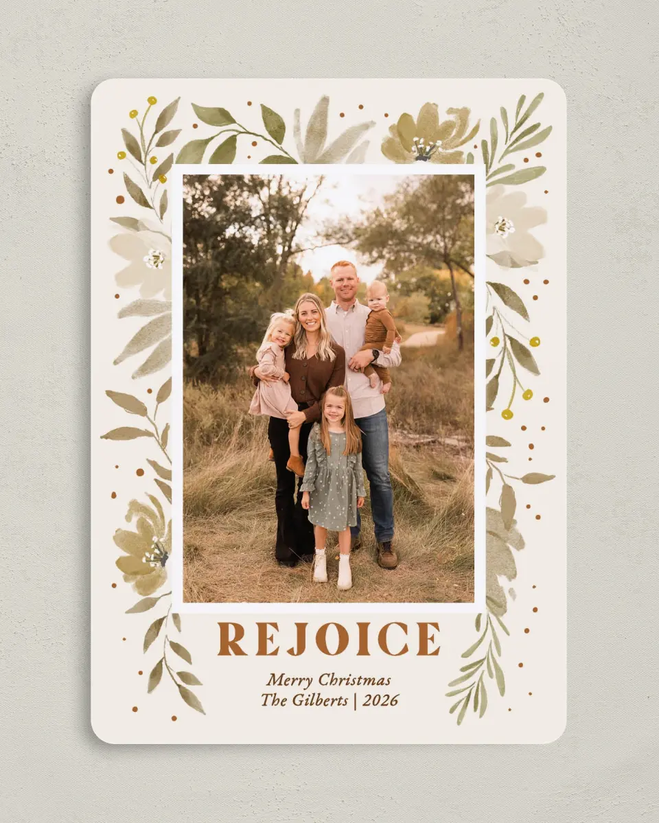 This is a 5" x 7" Christmas Card called Bouquets of Rejoicing printed in full color with Gold foil on Premium Smooth paper