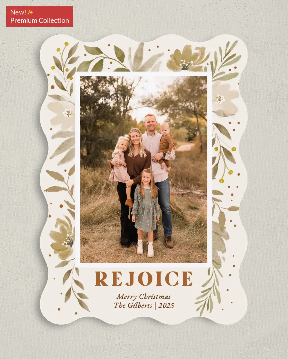 This is a 5" x 7" Christmas Card called Bouquets of Rejoicing printed in full color with Gold foil on Soft Suede (coated) paper