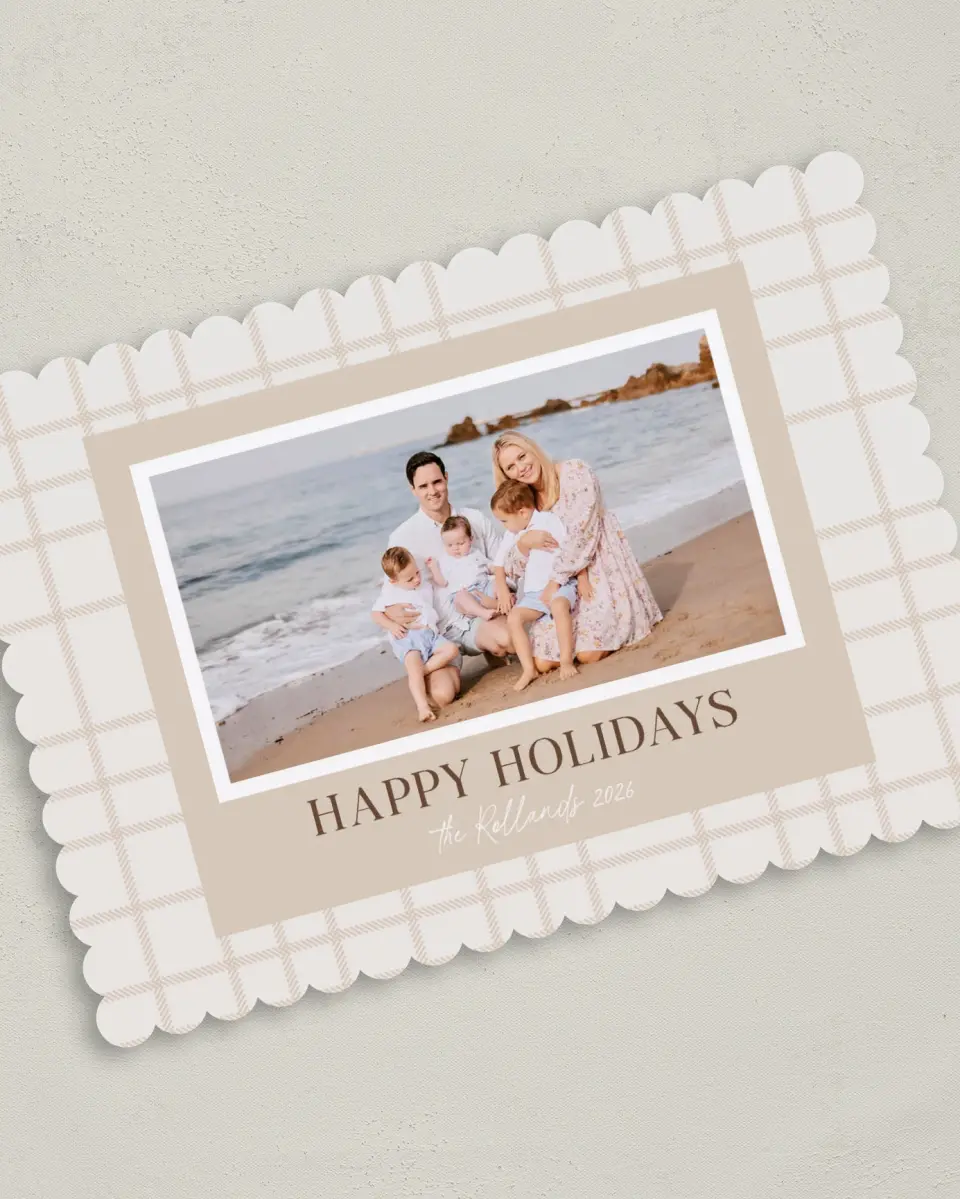 This is a 5" x 7" Christmas Card called Dainty Plaid printed in full color with Gold foil on Premium Smooth paper on Premium Smooth paper on Premium Smooth paper