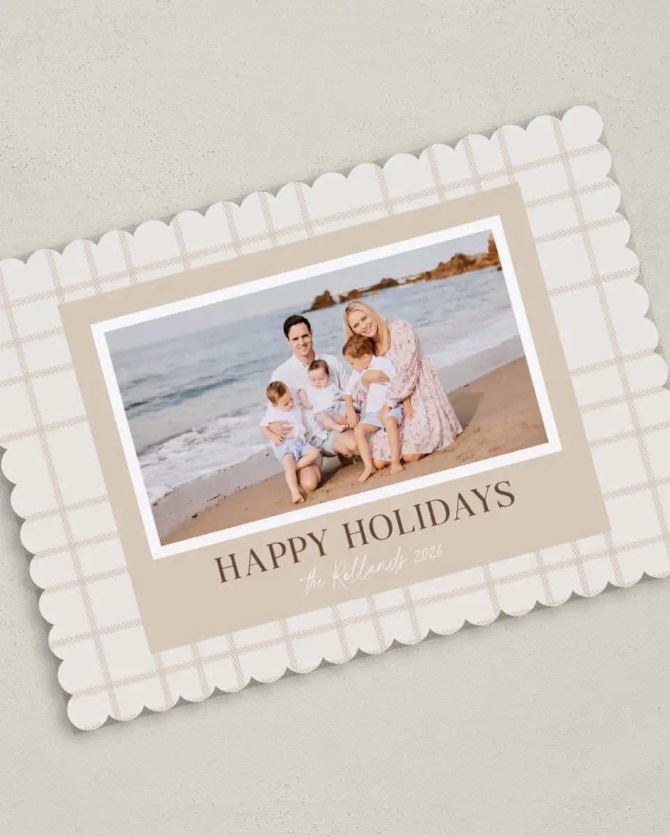 This is a 5" x 7" Christmas Card called Dainty Plaid printed in full color with Gold foil on Premium Smooth paper on Premium Smooth paper on Premium Smooth paper