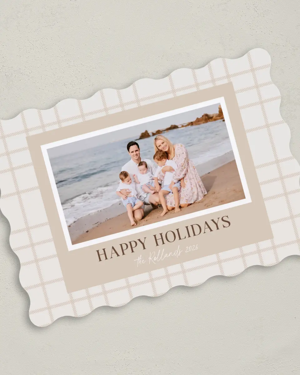 This is a 5" x 7" Christmas Card called Dainty Plaid printed in full color with Gold foil on Premium Smooth paper