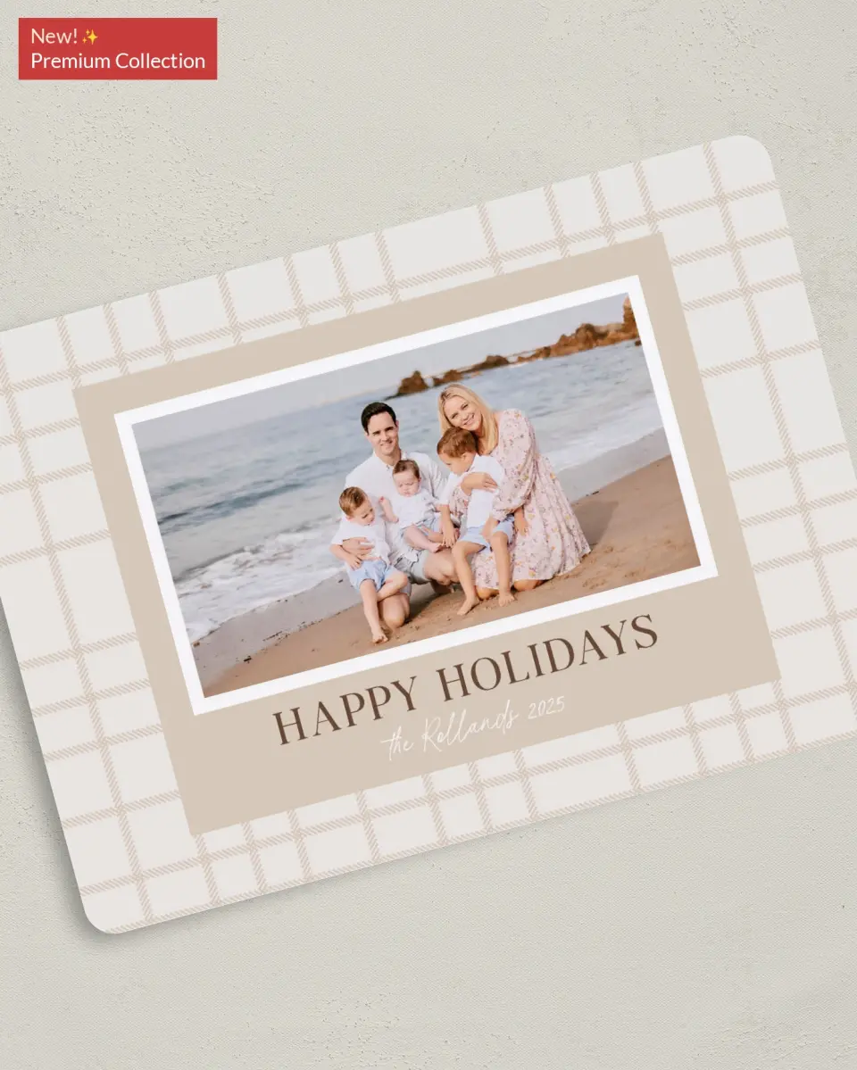 This is a 5" x 7" Christmas Card called Dainty Plaid printed in full color with Gold foil on Premium Smooth paper