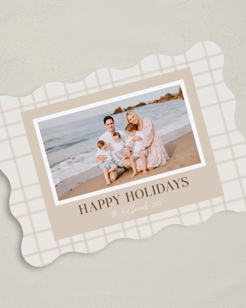 This is a 5" x 7" Christmas Card called Dainty Plaid printed in full color with Gold foil on Premium Smooth paper