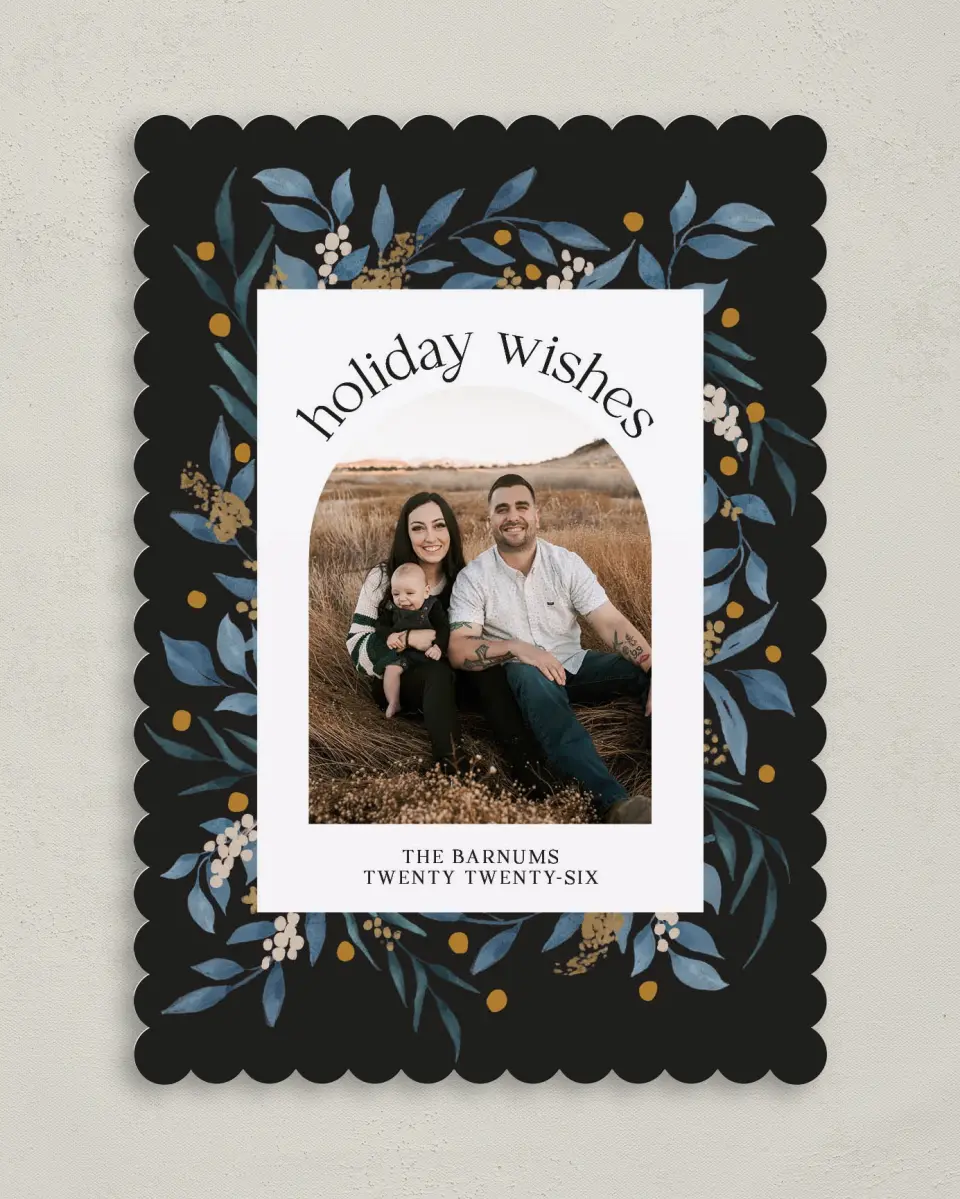 This is a 5" x 7" Christmas Card called Evergreen Holiday printed in full color with Gold foil on Premium Smooth paper on Premium Smooth paper on Premium Smooth paper