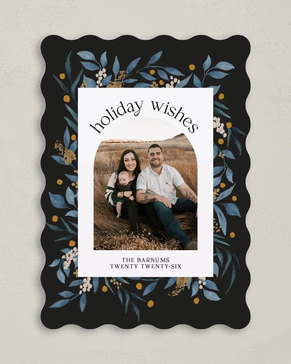 This is a 5" x 7" Christmas Card called Evergreen Holiday printed in full color with Gold foil on Premium Smooth paper