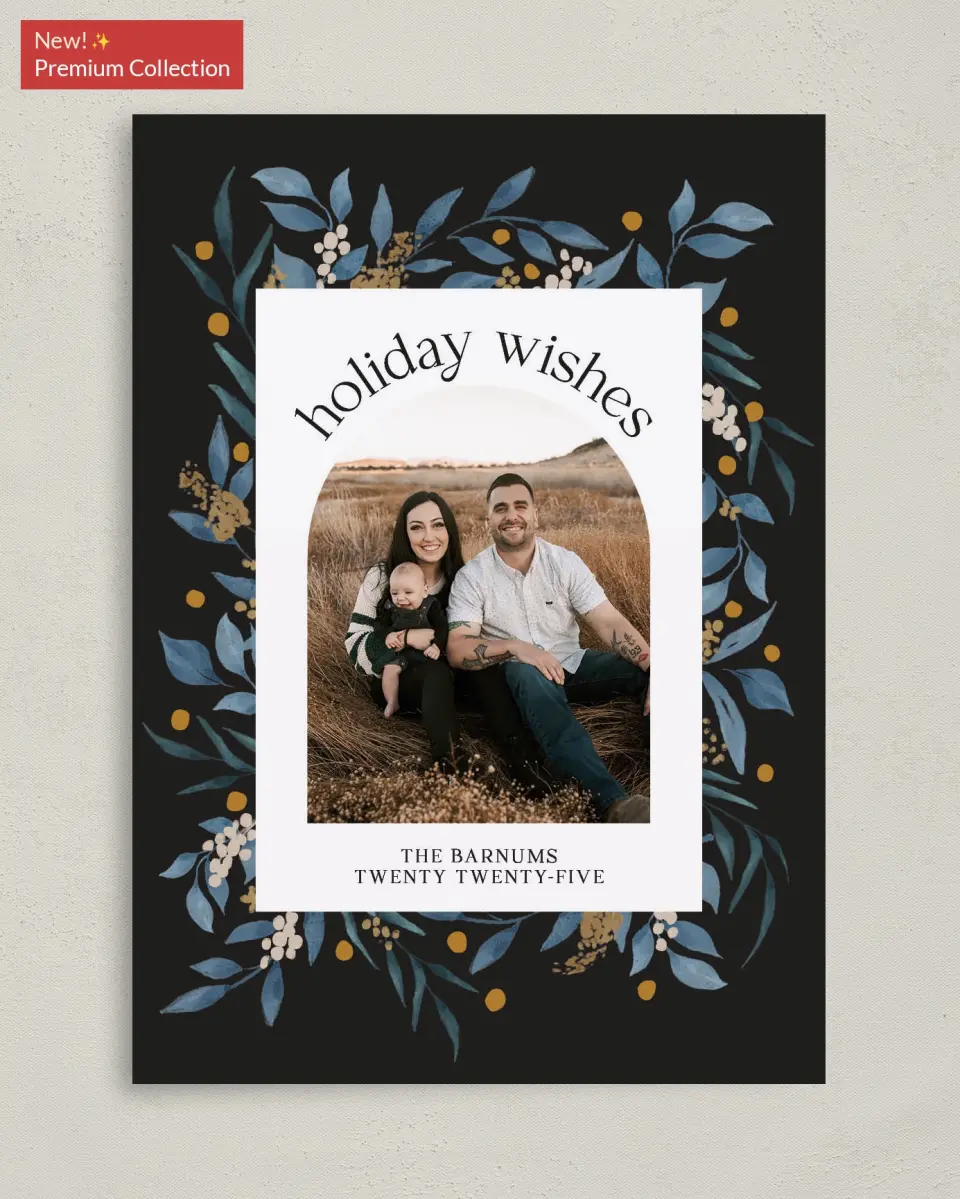 This is a 5" x 7" Christmas Card called Evergreen Holiday printed in full color with Gold foil on Premium Smooth paper