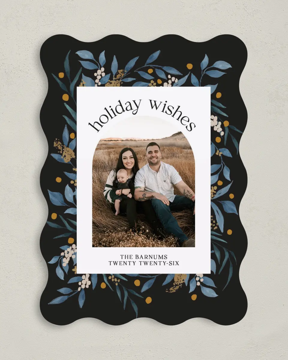 This is a 5" x 7" Christmas Card called Evergreen Holiday printed in full color with Gold foil on Premium Smooth paper