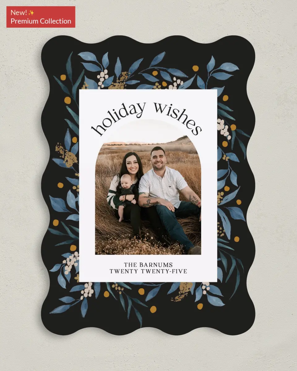 This is a 5" x 7" Christmas Card called Evergreen Holiday printed in full color with Gold foil on Soft Suede (coated) paper