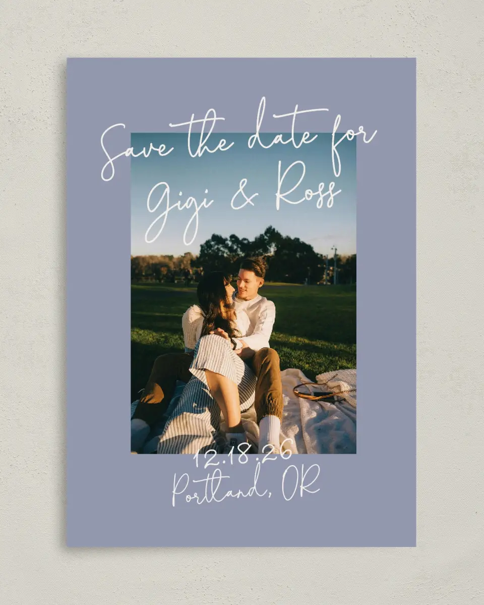This is a 5" x 7" Save the Date Card called Yours Truly printed in full color on Premium Smooth paper