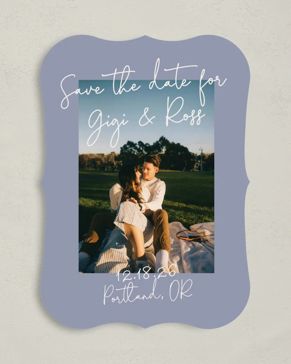This is a 5" x 7" Save the Date Card called Yours Truly printed in full color on Premium Smooth paper