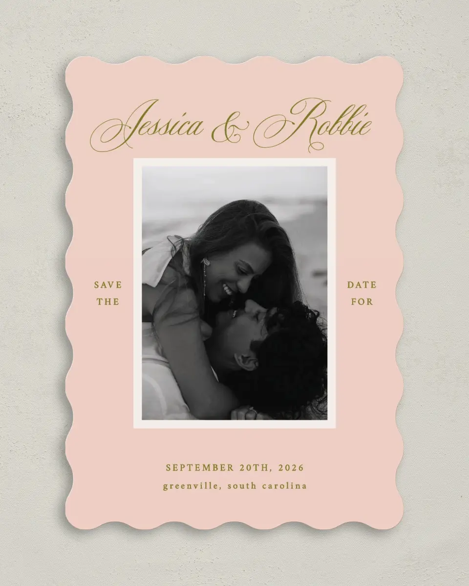 This is a 5" x 7" Save the Date Card called Love Off Script printed in full color on Premium Smooth paper