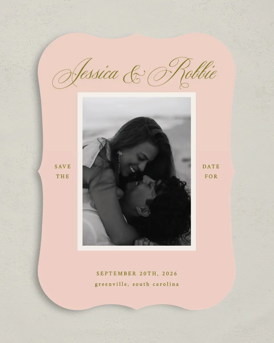 This is a 5" x 7" Save the Date Card called Love Off Script printed in full color on Premium Smooth paper