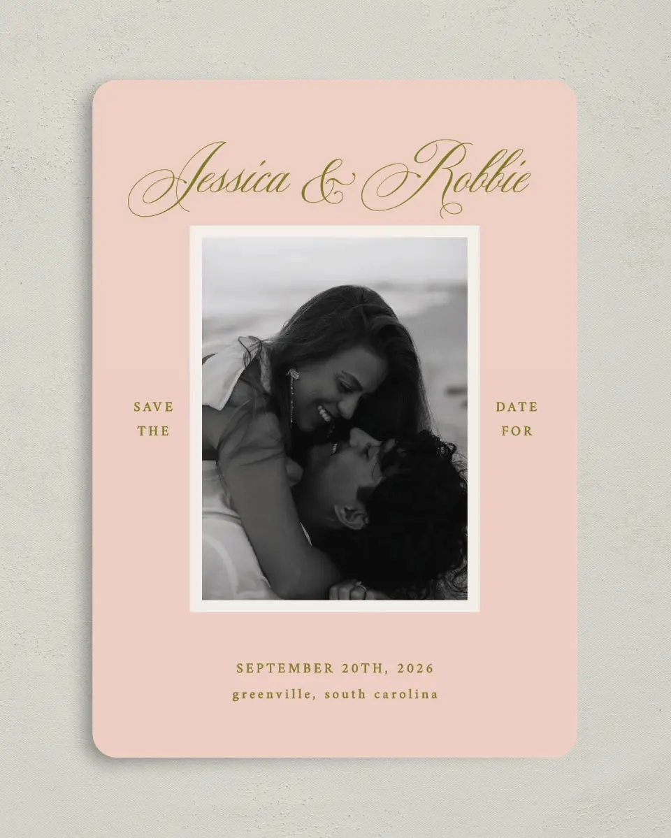 This is a 5" x 7" Save the Date Card called Love Off Script printed in full color on Premium Smooth paper