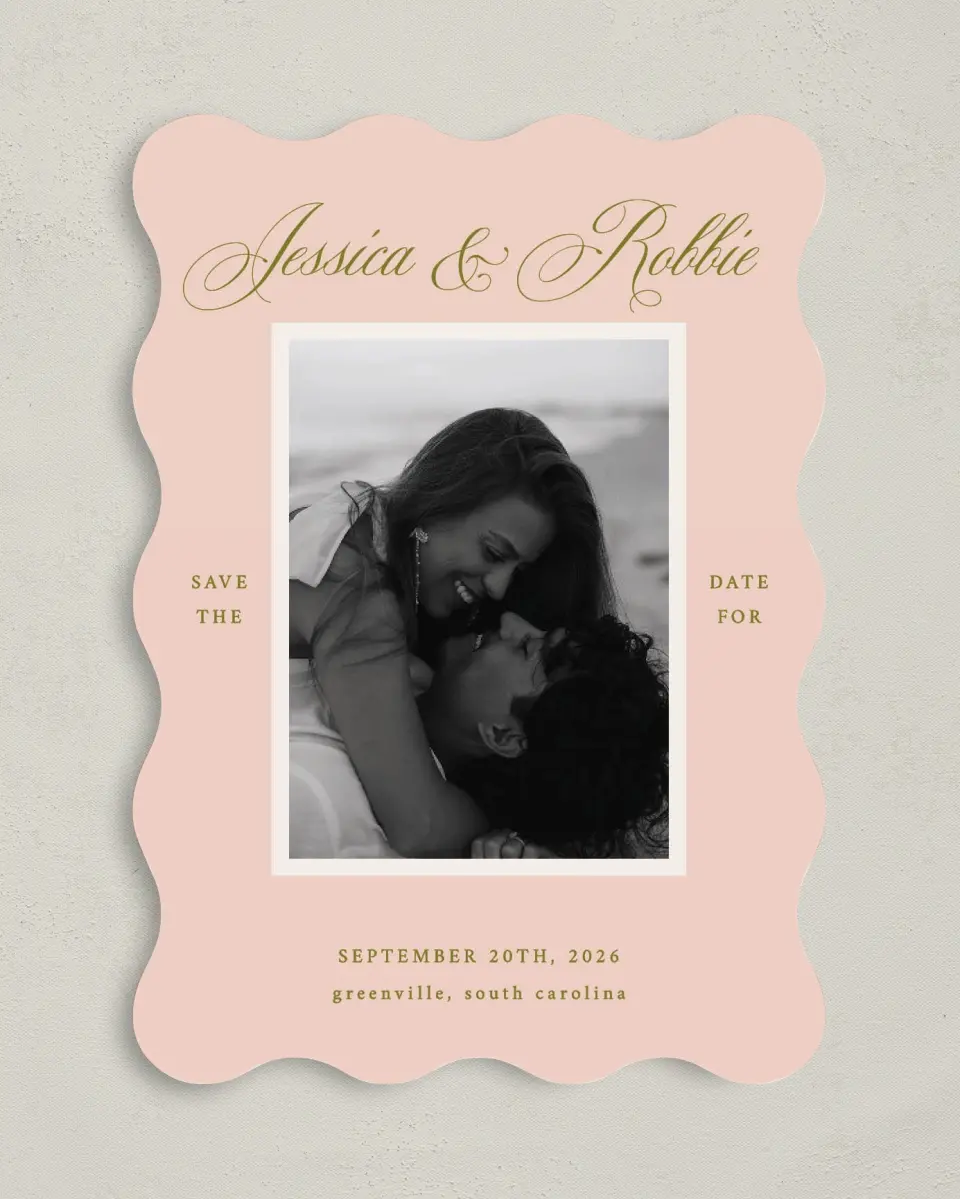 This is a 5" x 7" Save the Date Card called Love Off Script printed in full color on Premium Smooth paper