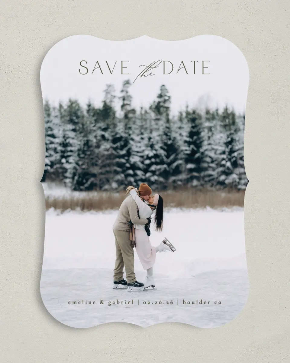 This is a 5" x 7" Save the Date Card called Gliding Love printed in full color on Premium Smooth paper
