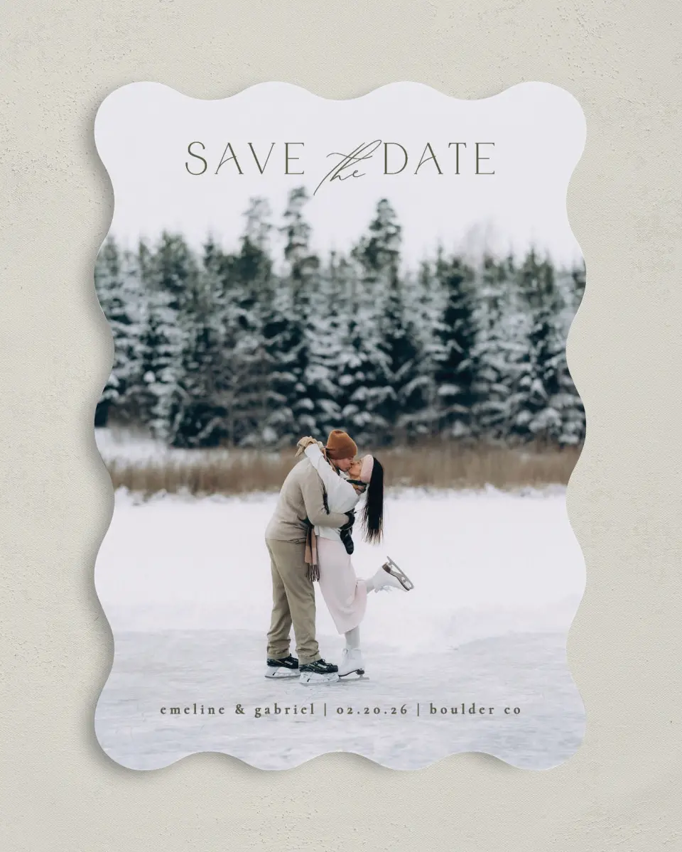 This is a 5" x 7" Save the Date Card called Gliding Love printed in full color on Premium Smooth paper