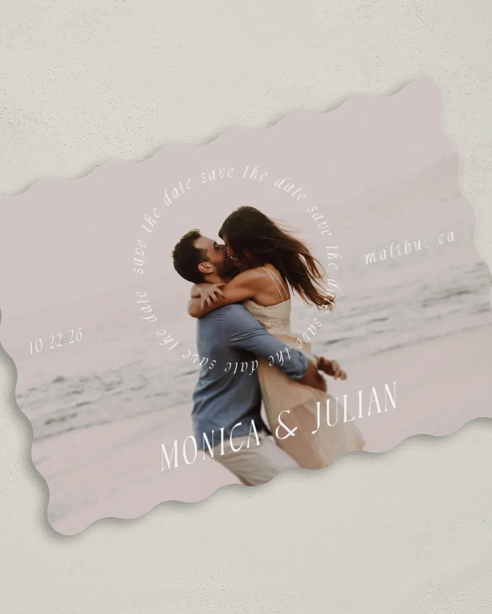 This is a 5" x 7" Save the Date Card called Crashing Love printed in full color on Premium Smooth paper