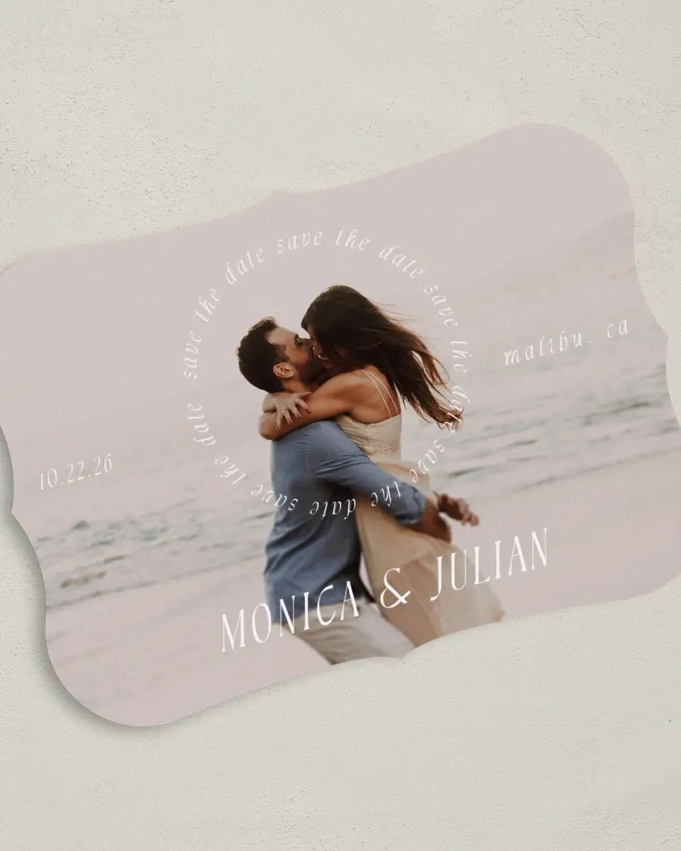 This is a 5" x 7" Save the Date Card called Crashing Love printed in full color on Premium Smooth paper