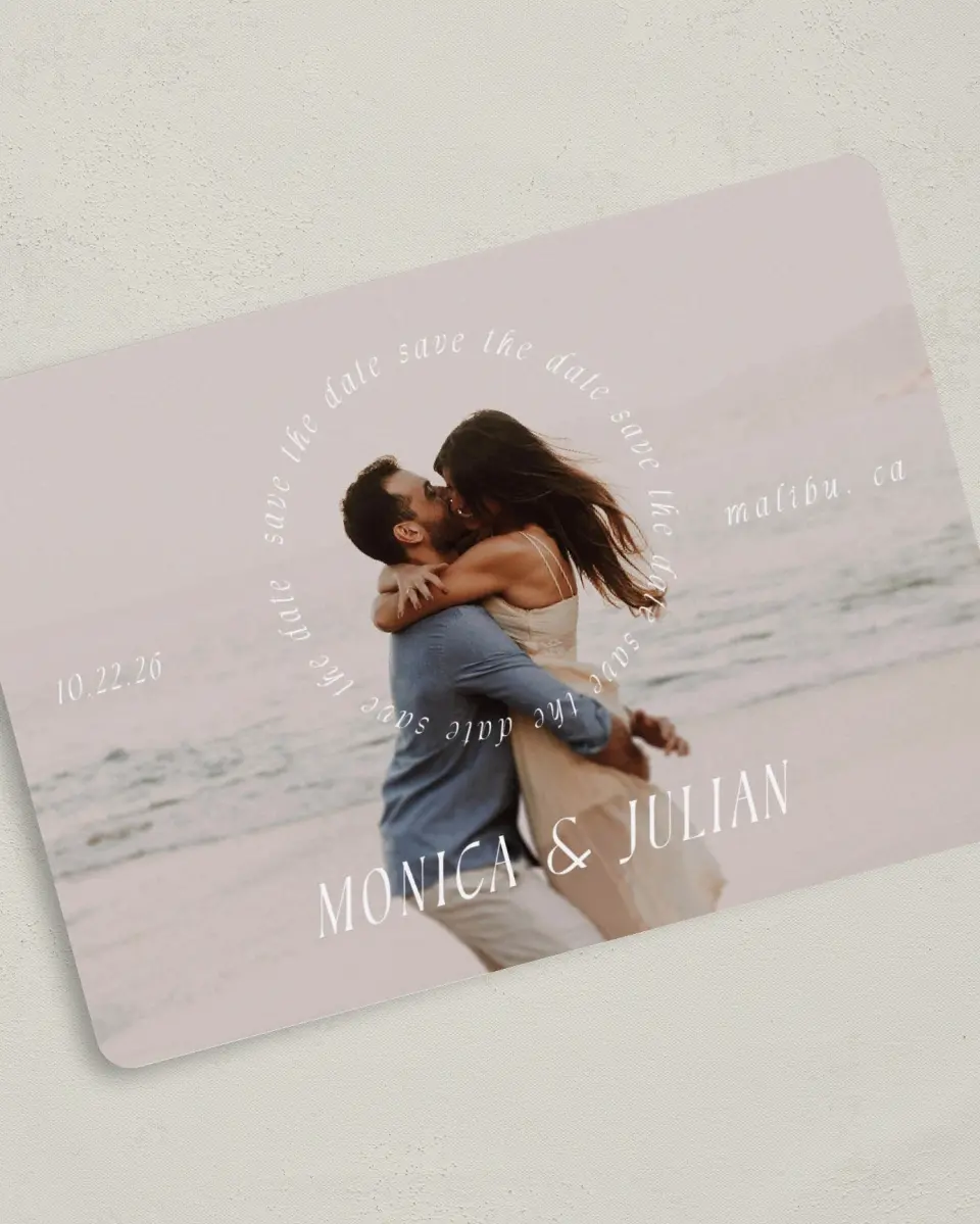 This is a 5" x 7" Save the Date Card called Crashing Love printed in full color on Premium Smooth paper