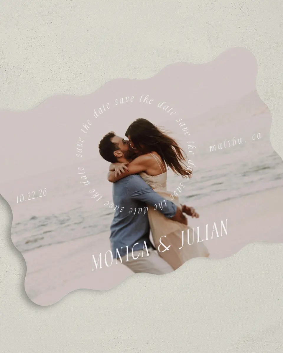This is a 5" x 7" Save the Date Card called Crashing Love printed in full color on Premium Smooth paper