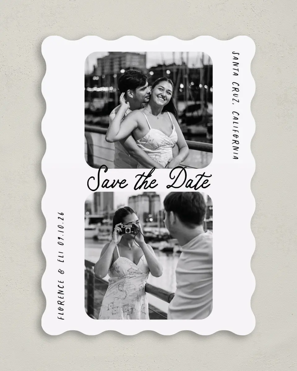 This is a 5" x 7" Save the Date Card called Love on Display printed in full color on Premium Smooth paper