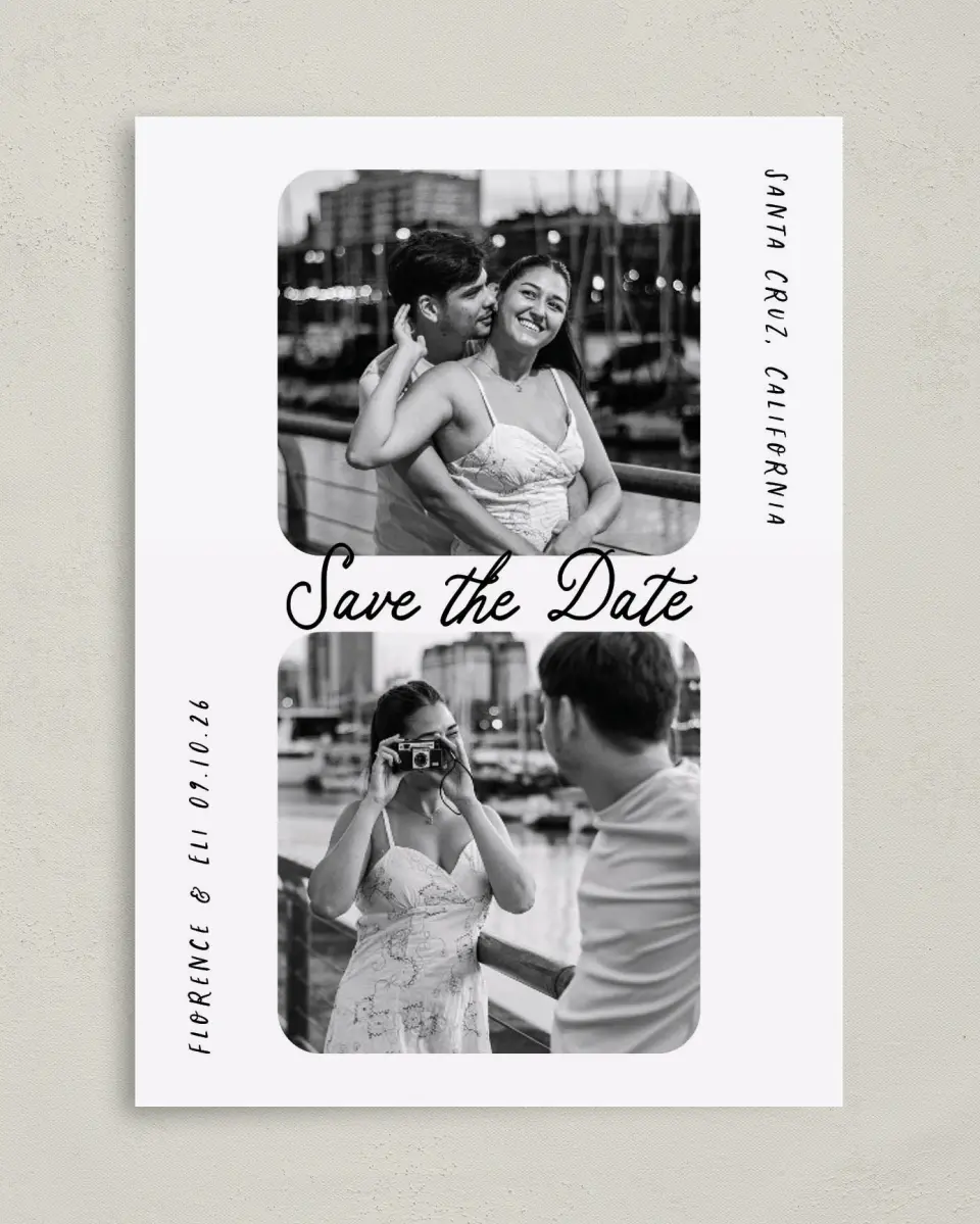 This is a 5" x 7" Save the Date Card called Love on Display printed in full color on Premium Smooth paper