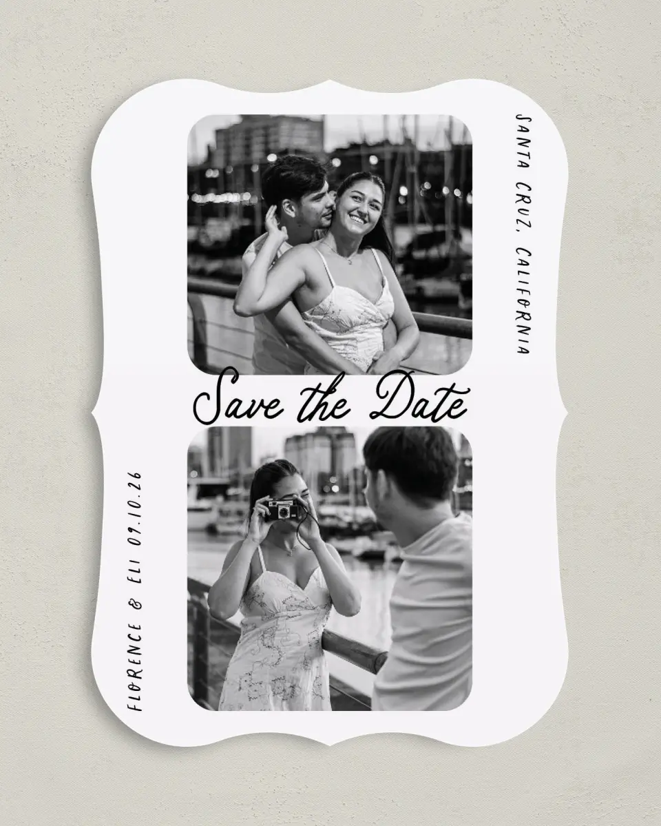 This is a 5" x 7" Save the Date Card called Love on Display printed in full color on Premium Smooth paper