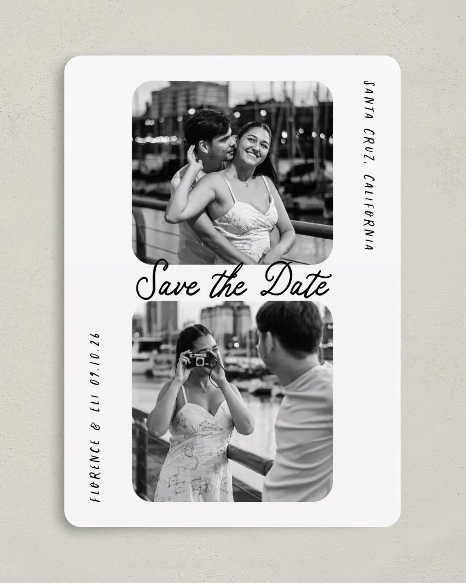This is a 5" x 7" Save the Date Card called Love on Display printed in full color on Premium Smooth paper