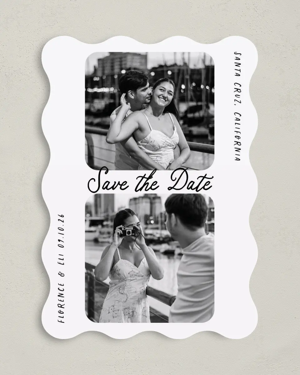 This is a 5" x 7" Save the Date Card called Love on Display printed in full color on Premium Smooth paper