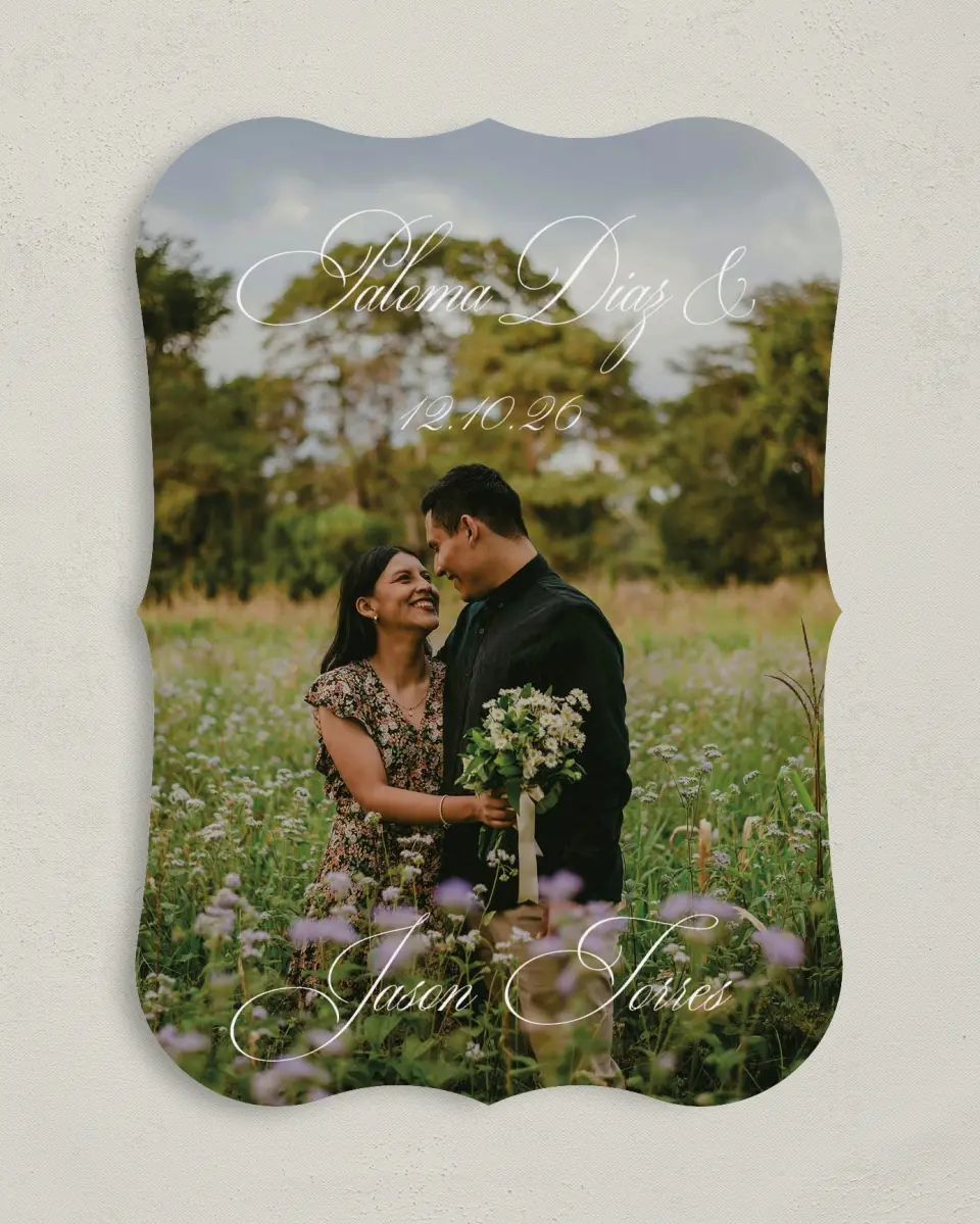 This is a 5" x 7" Save the Date Card called Bespoke Love printed in full color on Premium Smooth paper