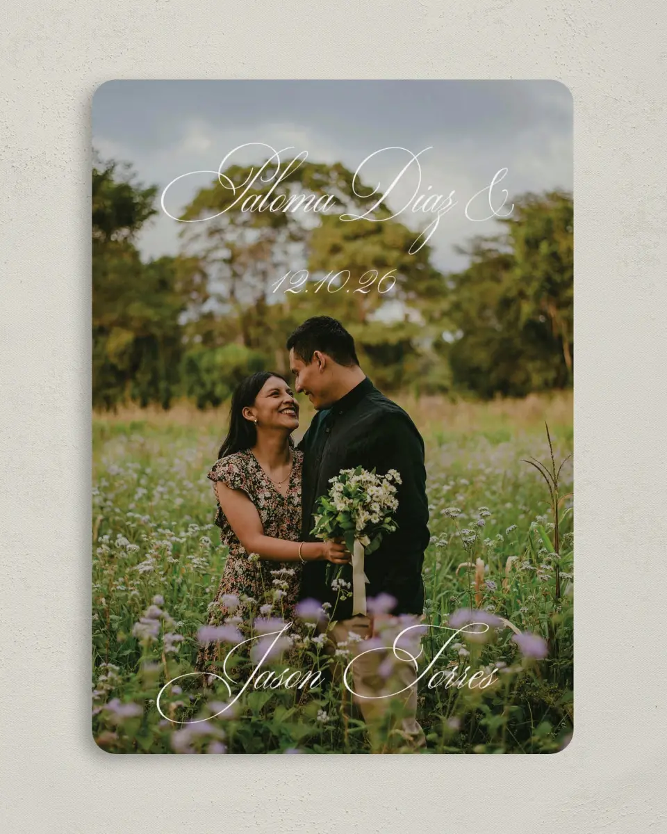 This is a 5" x 7" Save the Date Card called Bespoke Love printed in full color on Premium Smooth paper
