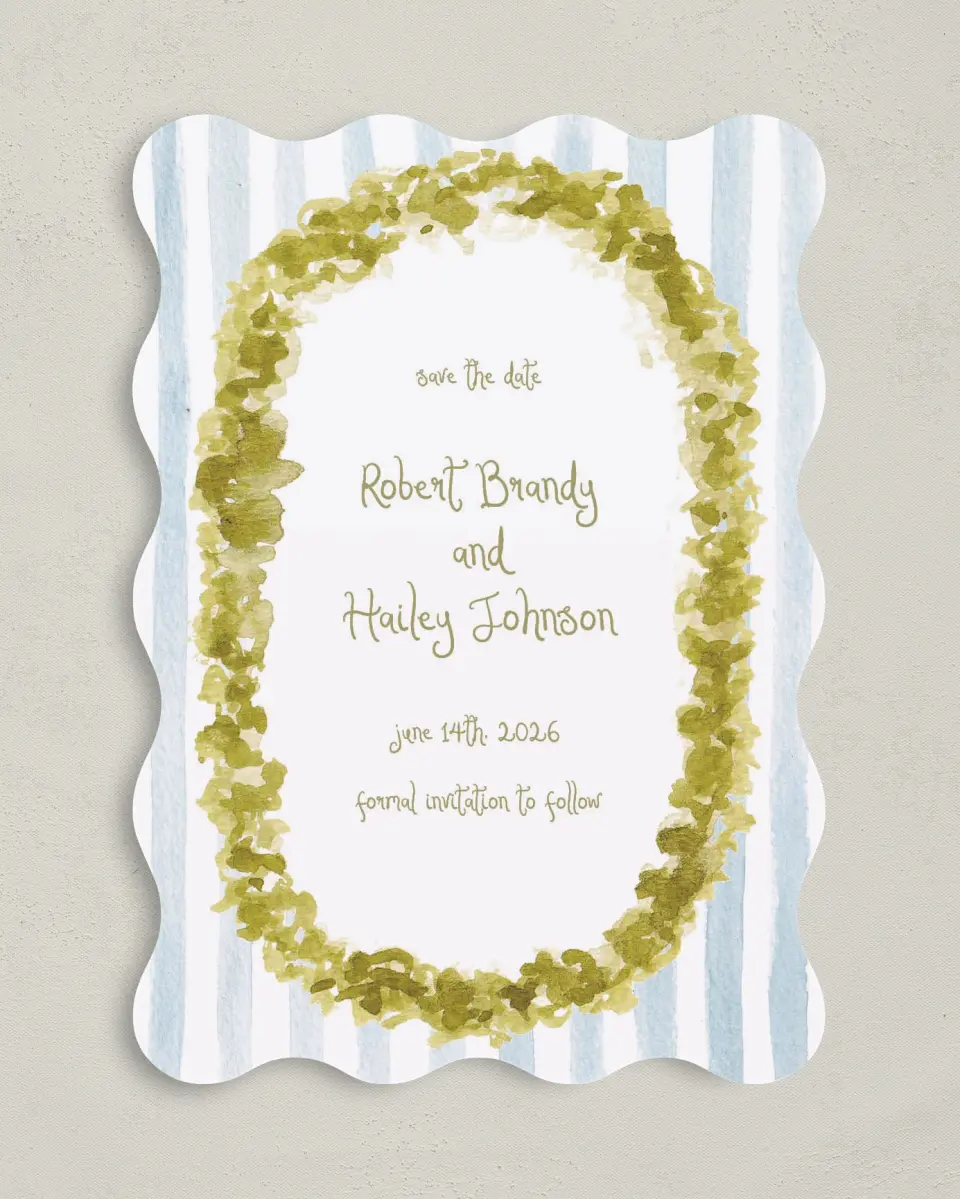 This is a 5" x 7" Save the Date Card called Soft Meadows printed in full color with Silver foil on Luxe Satin (coated) paper
