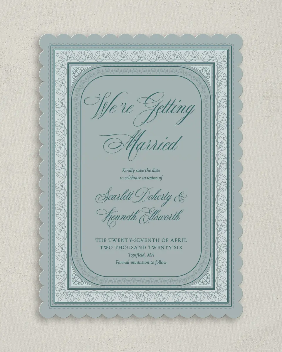 This is a 5" x 7" Save the Date Card called Delicate Vintage printed in full color on Premium Smooth paper