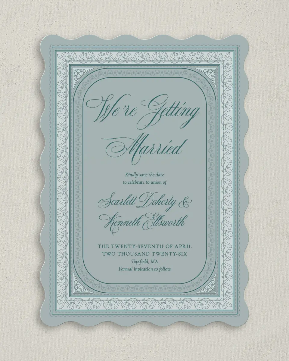This is a 5" x 7" Save the Date Card called Delicate Vintage printed in full color on Premium Smooth paper