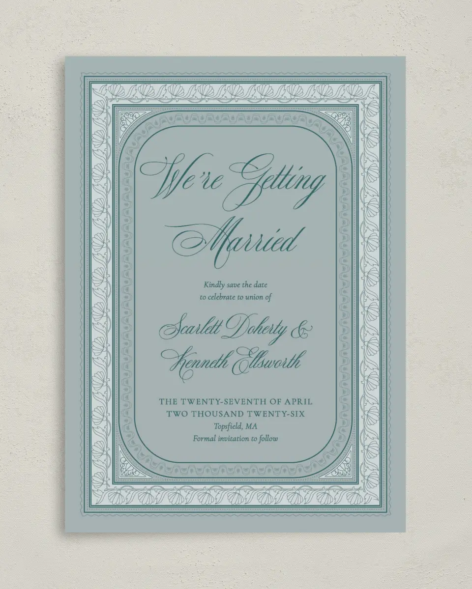 This is a 5" x 7" Save the Date Card called Delicate Vintage printed in full color on Premium Smooth paper
