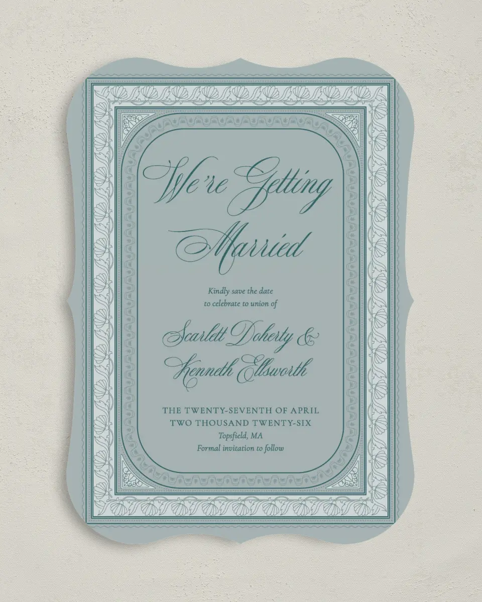 This is a 5" x 7" Save the Date Card called Delicate Vintage printed in full color with Silver foil on Luxe Satin (coated) paper