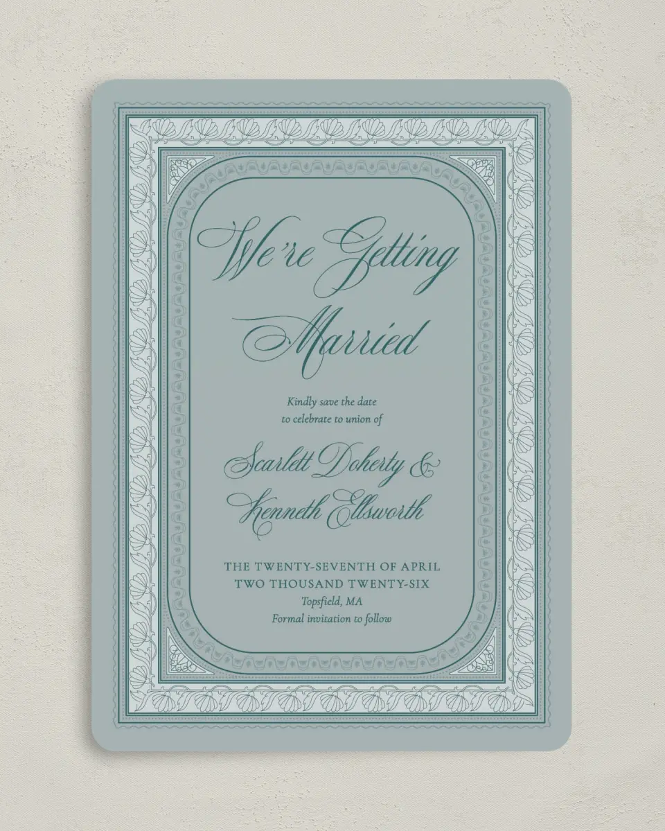 This is a 5" x 7" Save the Date Card called Delicate Vintage printed in full color on Premium Smooth paper