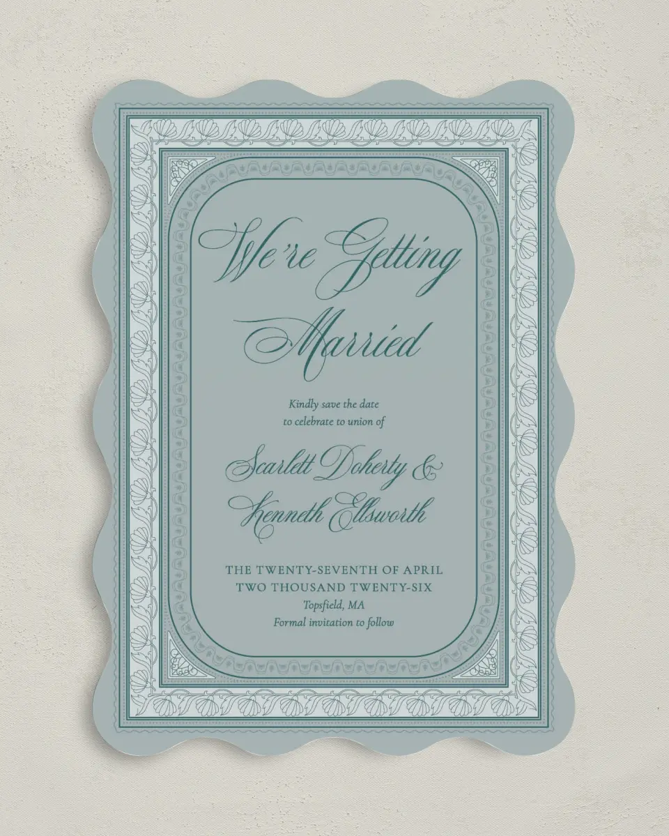 This is a 5" x 7" Save the Date Card called Delicate Vintage printed in full color on Premium Smooth paper