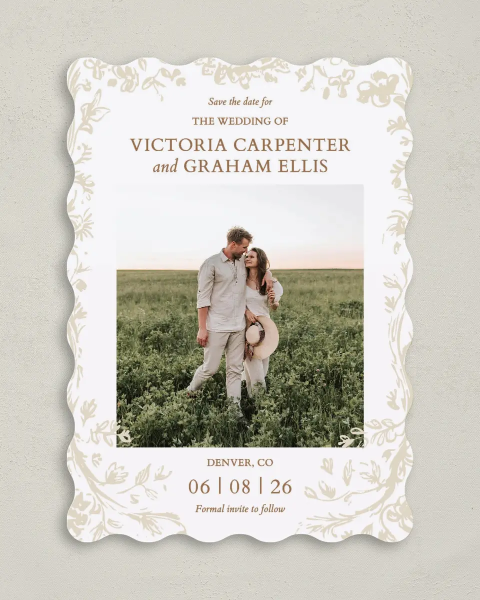 This is a 5" x 7" Save the Date Card called Soft Branchlets printed in full color on Premium Smooth paper