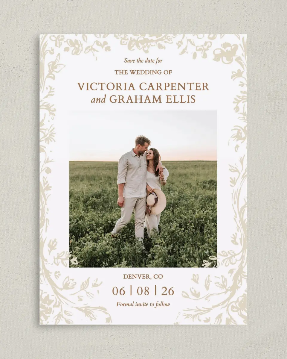 This is a 5" x 7" Save the Date Card called Soft Branchlets printed in full color on Premium Smooth paper