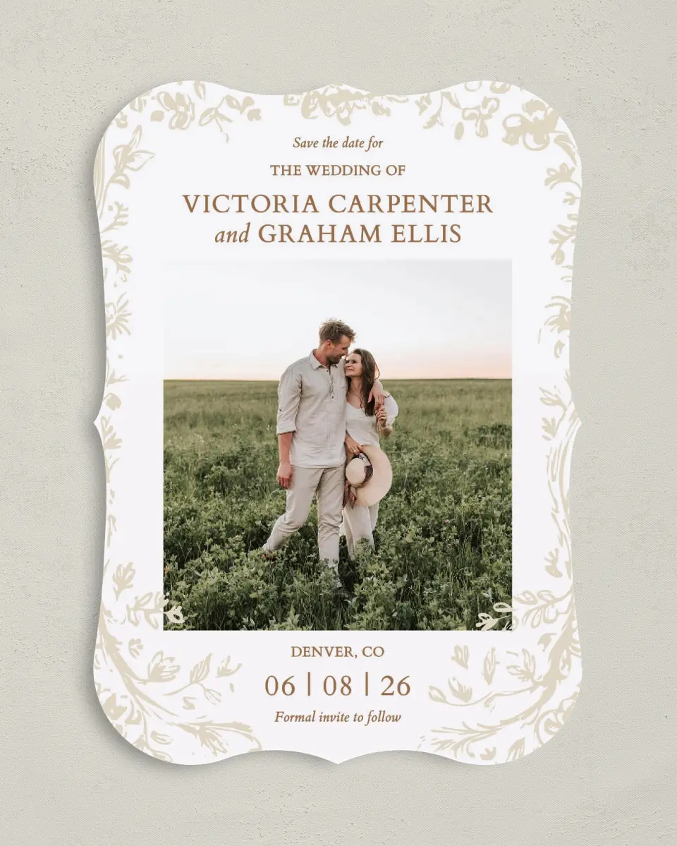 This is a 5" x 7" Save the Date Card called Soft Branchlets printed in full color on Premium Smooth paper
