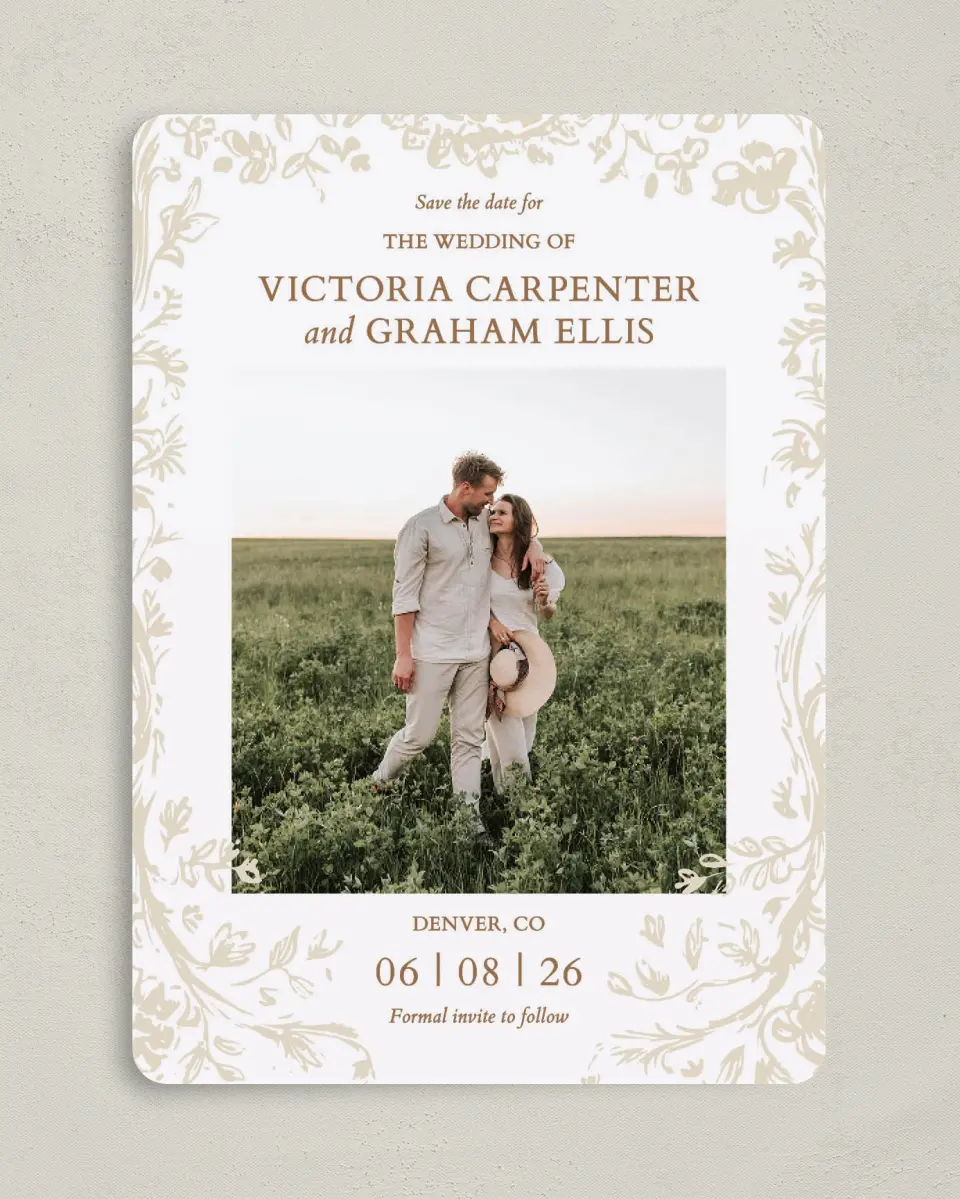 This is a 5" x 7" Save the Date Card called Soft Branchlets printed in full color on Premium Smooth paper