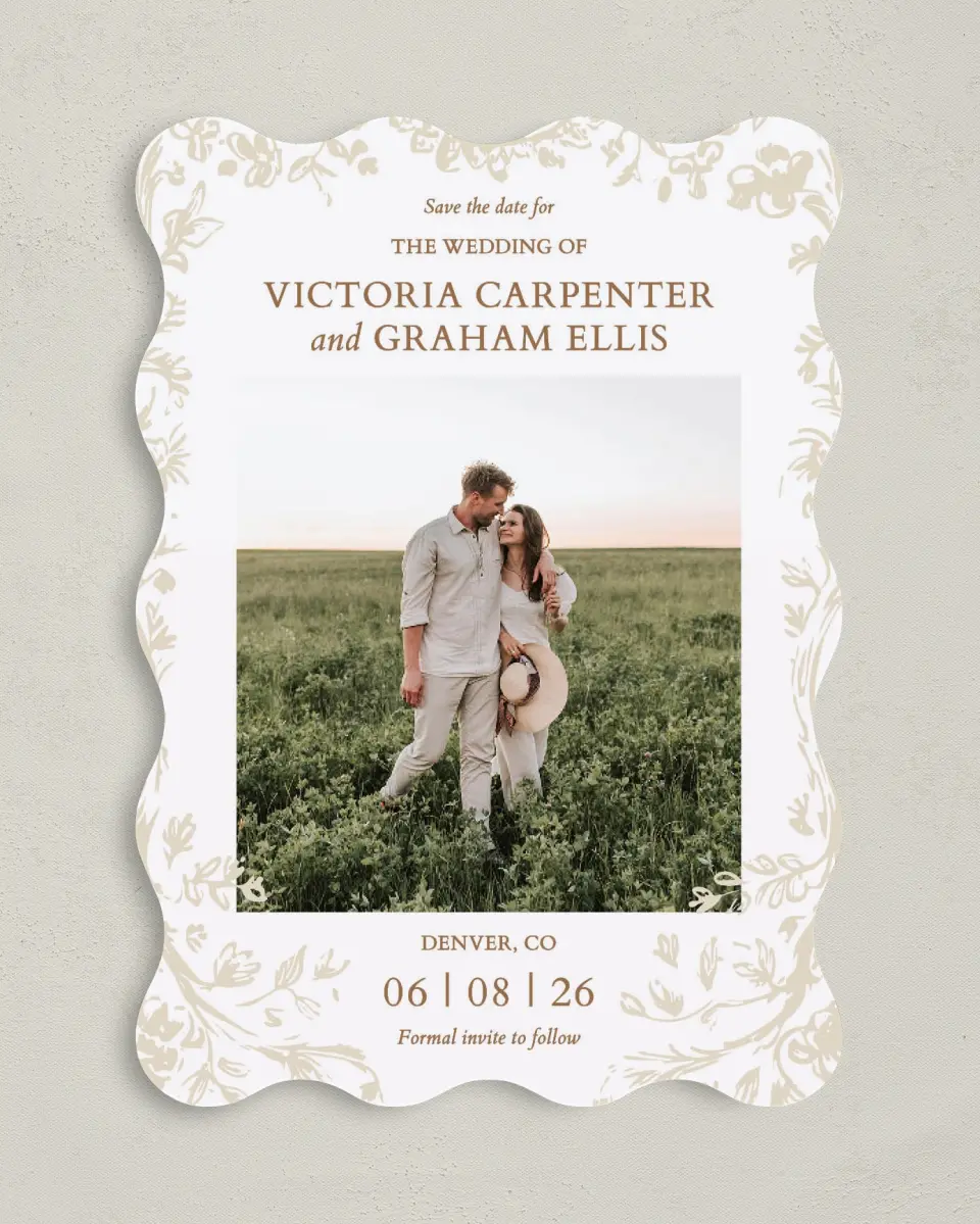 This is a 5" x 7" Save the Date Card called Soft Branchlets printed in full color on Premium Smooth paper