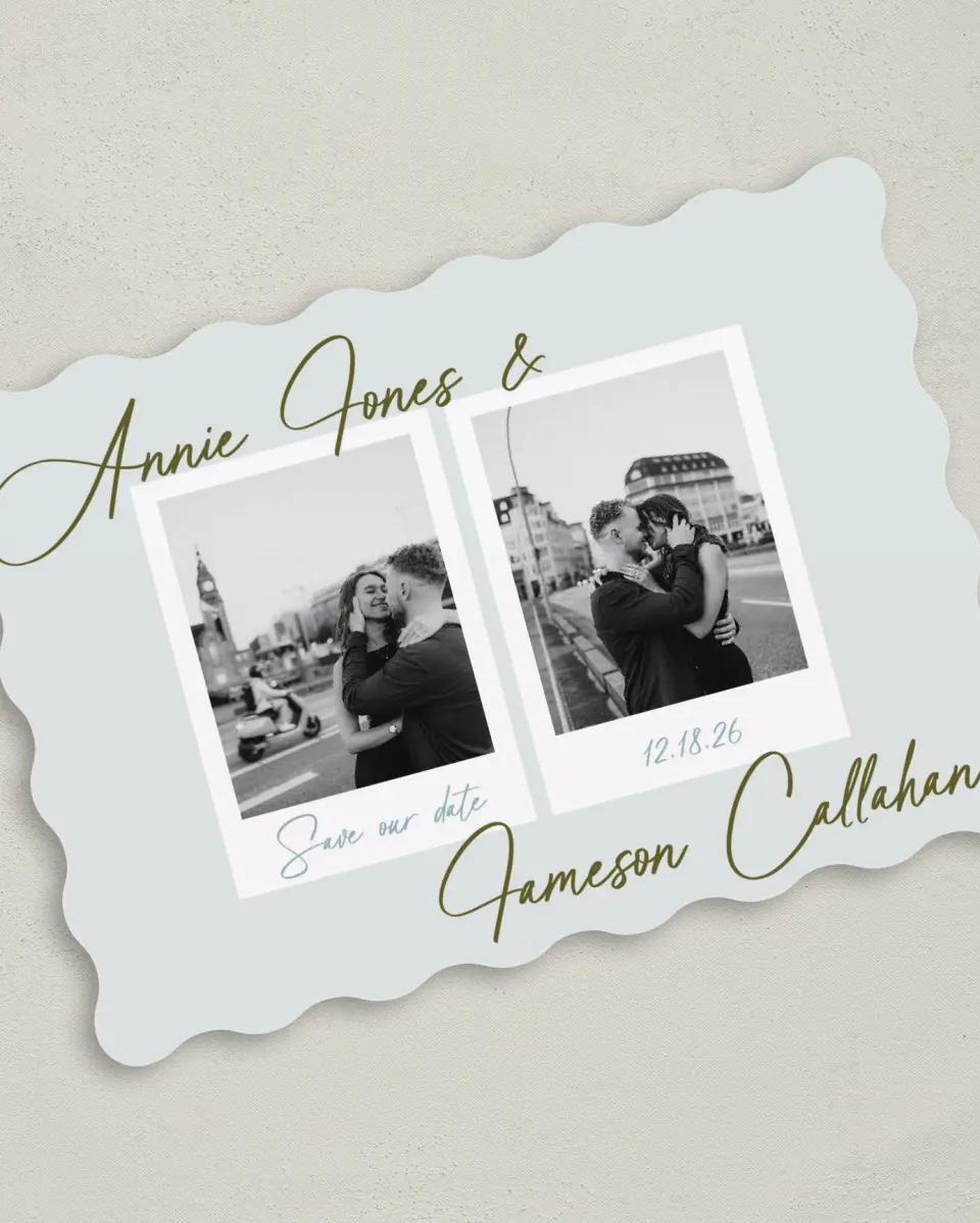 This is a 5" x 7" Save the Date Card called Precious Moments printed in full color on Premium Smooth paper
