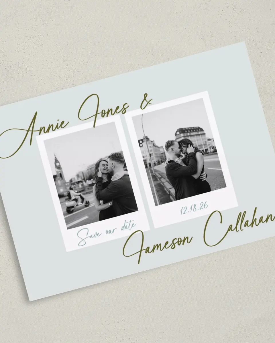 This is a 5" x 7" Save the Date Card called Precious Moments printed in full color with Silver foil on Luxe Satin (coated) paper