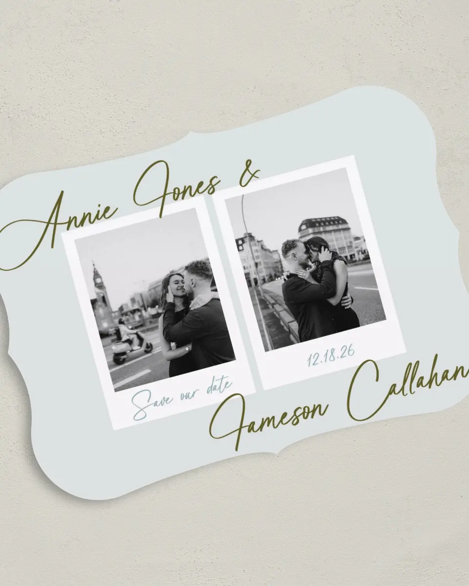 This is a 5" x 7" Save the Date Card called Precious Moments printed in full color on Premium Smooth paper