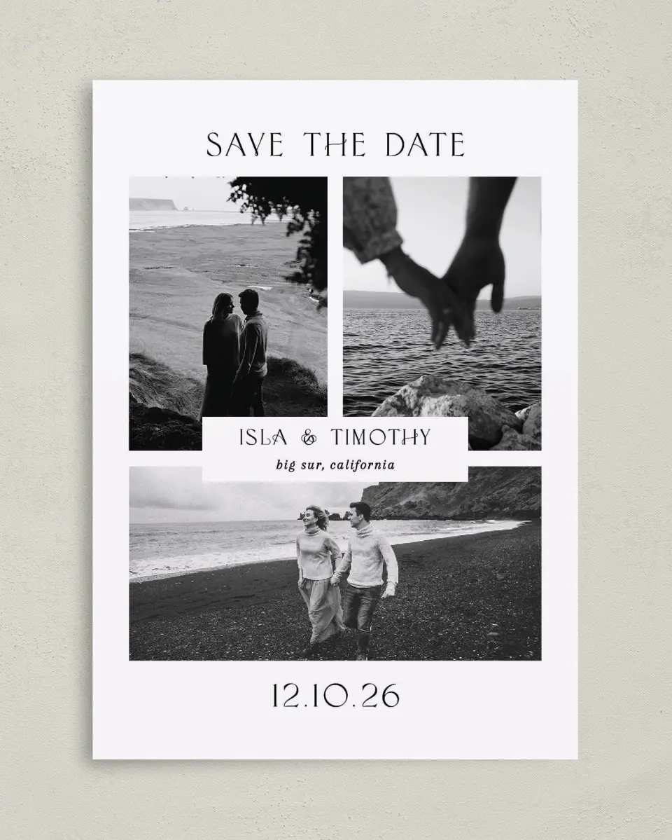 This is a 5" x 7" Save the Date Card called Hearts Content printed in full color on Premium Smooth paper