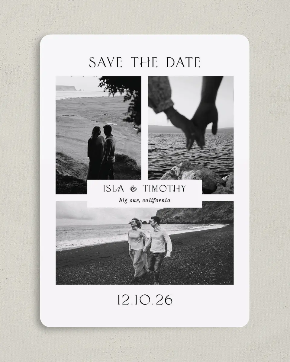 This is a 5" x 7" Save the Date Card called Hearts Content printed in full color on Premium Smooth paper